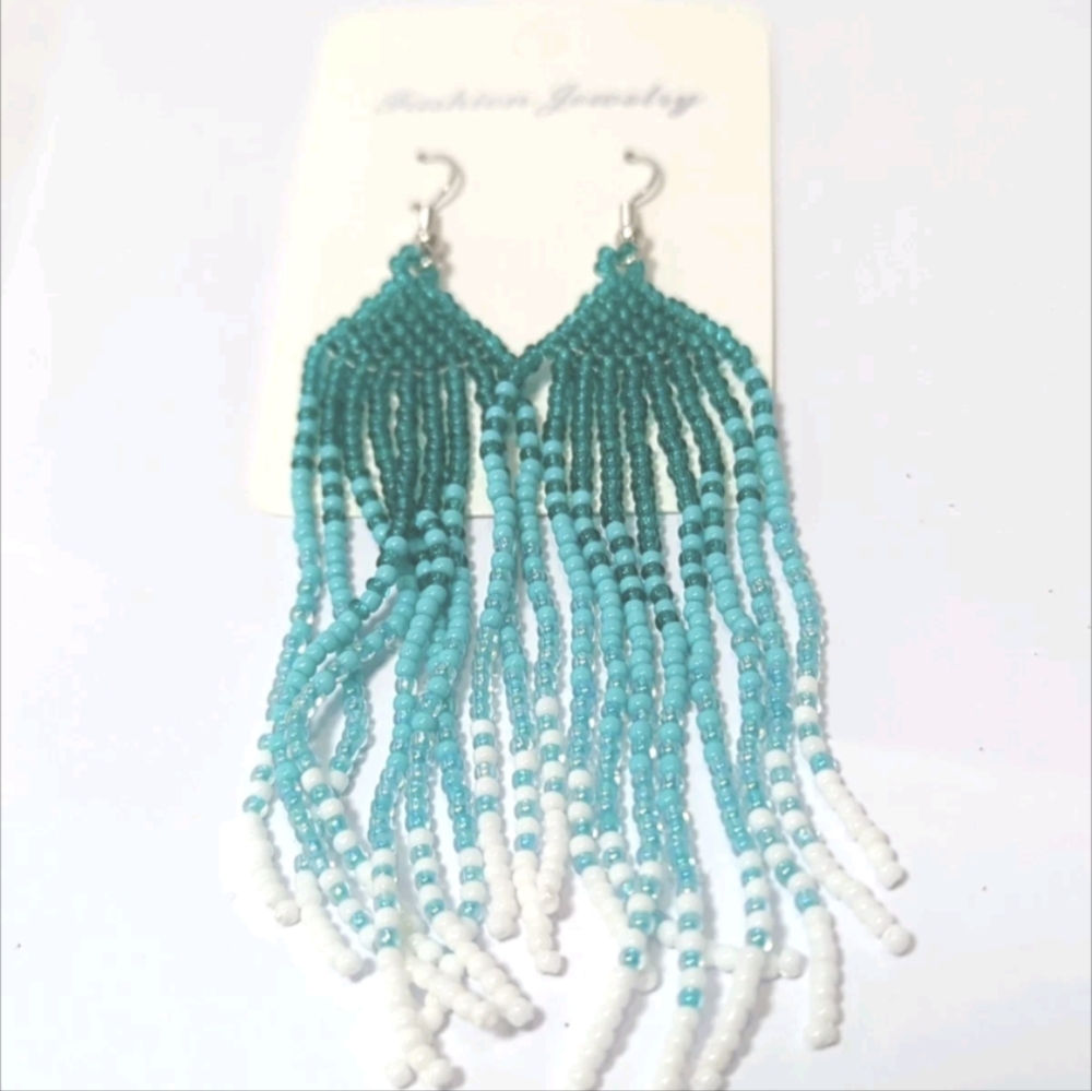 Native American Style Earrings Mint Blue & Green Bead Earrings Bohemian NWT - Picture 5 of 13